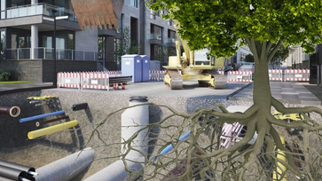Eine 3D-Darstellung zeigt den Untergrund mit verschiedenen Leitungen. Besonders auffällig ist ein Baum, dessen Wurzeln sich um eine Gasleitung schlängeln.