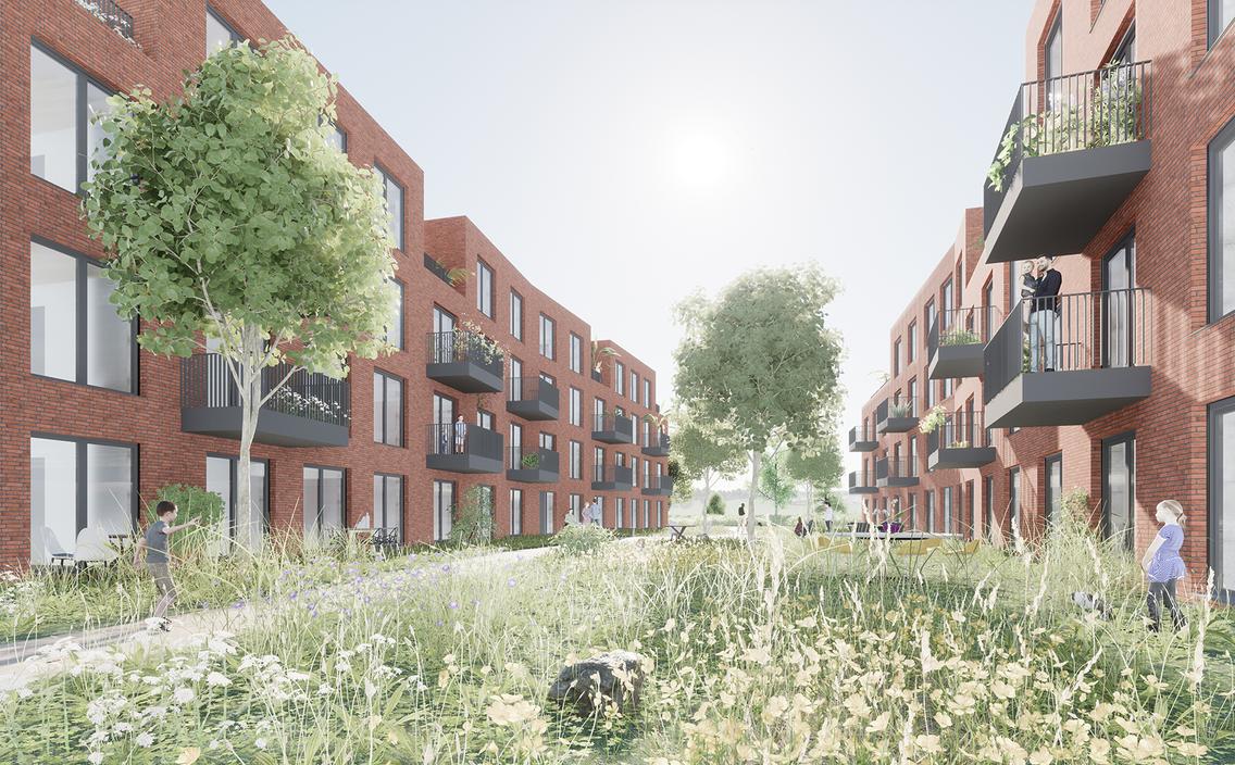 Planungsansicht Innenhof der zwei Mehrfamilienhäuser Quebecallee im Landwehrviertel