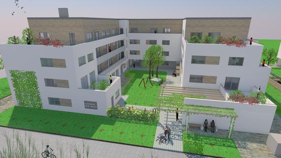 Wohnhöfe Eversheide - Perspektive Wohnhof 4 von der Straße mit Blick in den Gemeinschaftsinnenhof (Planungsentwurf)