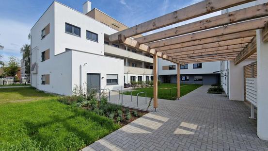 Innenhofansicht des Wohnhofes 4 Eversheide nach Fertigstellung im August 2023.