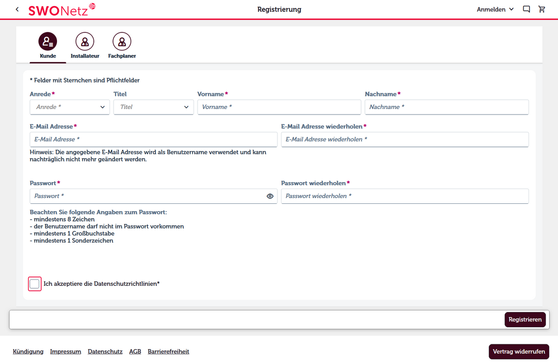 Ansicht der Kunden-Registrierung im Netzportal der SWO Netz