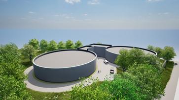 Drohnenansicht des Modells des Neubaus Hochbehälter Schinkelberg © SWO Netz