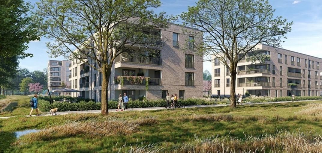 Planungsansicht des Gebäudeensembles "Wohnen am Bellfast-Park"  im Landwehrviertel