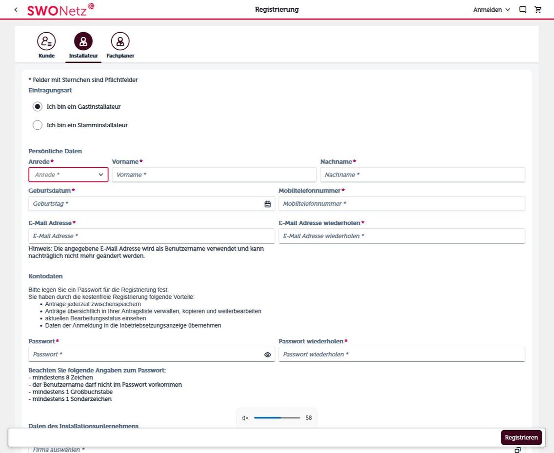 Ansicht der Registrierung für Installateure im Netzportal