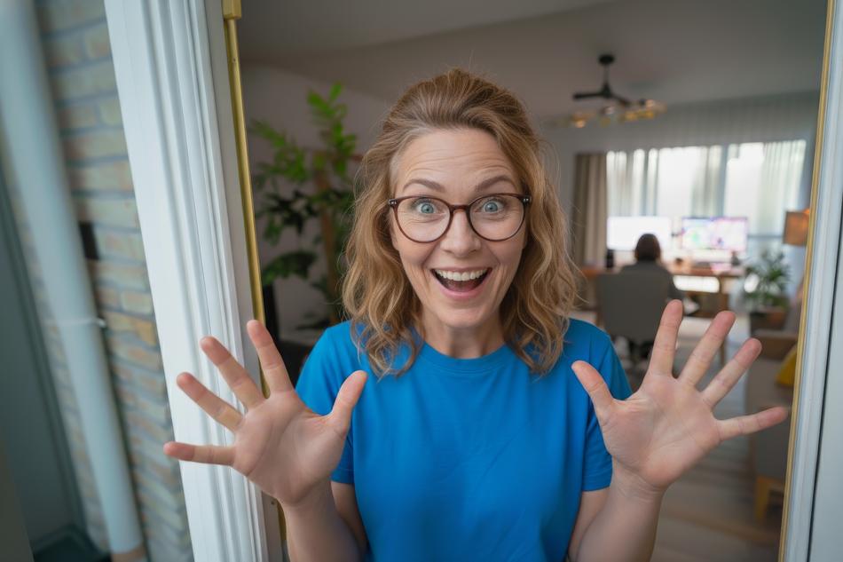freudige Frau öffnet Tür