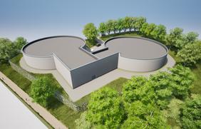 Drohnenansicht des Modells des Neubaus Hochbehälter Schinkelberg