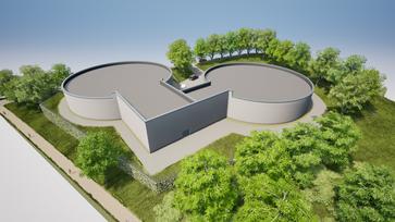 Drohnenansicht des Modells des Neubaus Hochbehälter Schinkelberg © SWO Netz